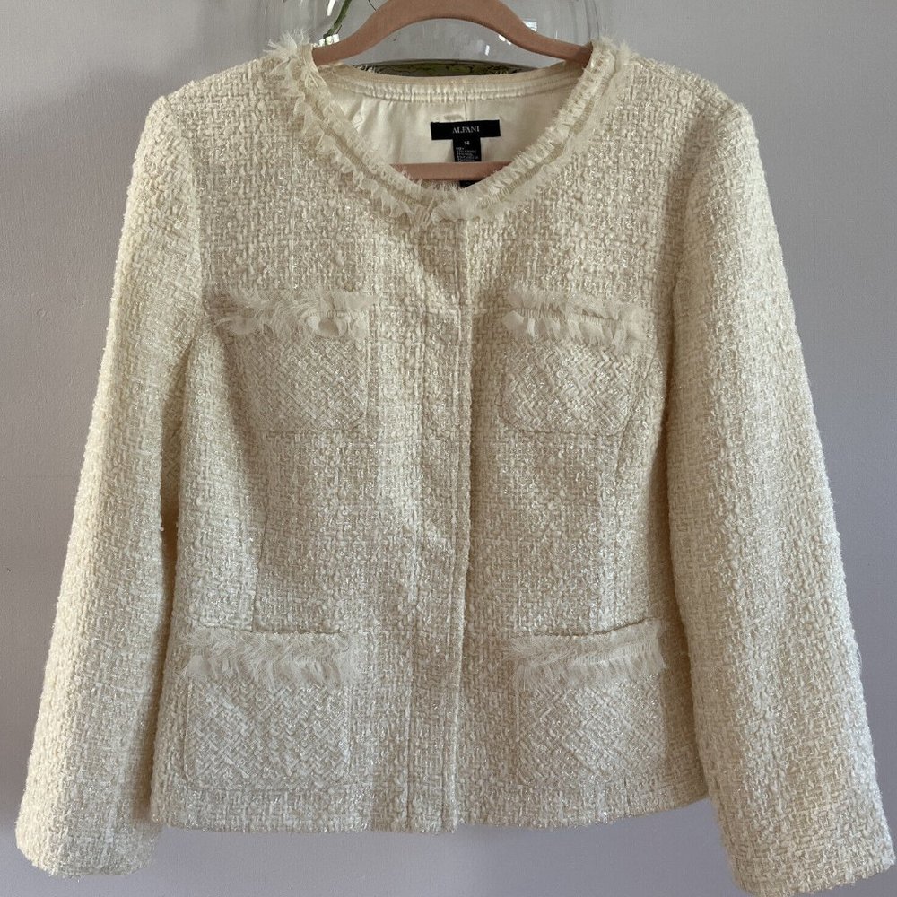 Alfani Houndstooth Off White Wool Blend Blazer Jacket Brass Snaps WomenSize 14